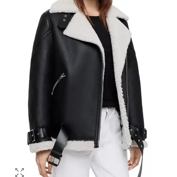 AllSaints Black Leather Shearling-Trim Biker Jacket - Picture 7 of 7
